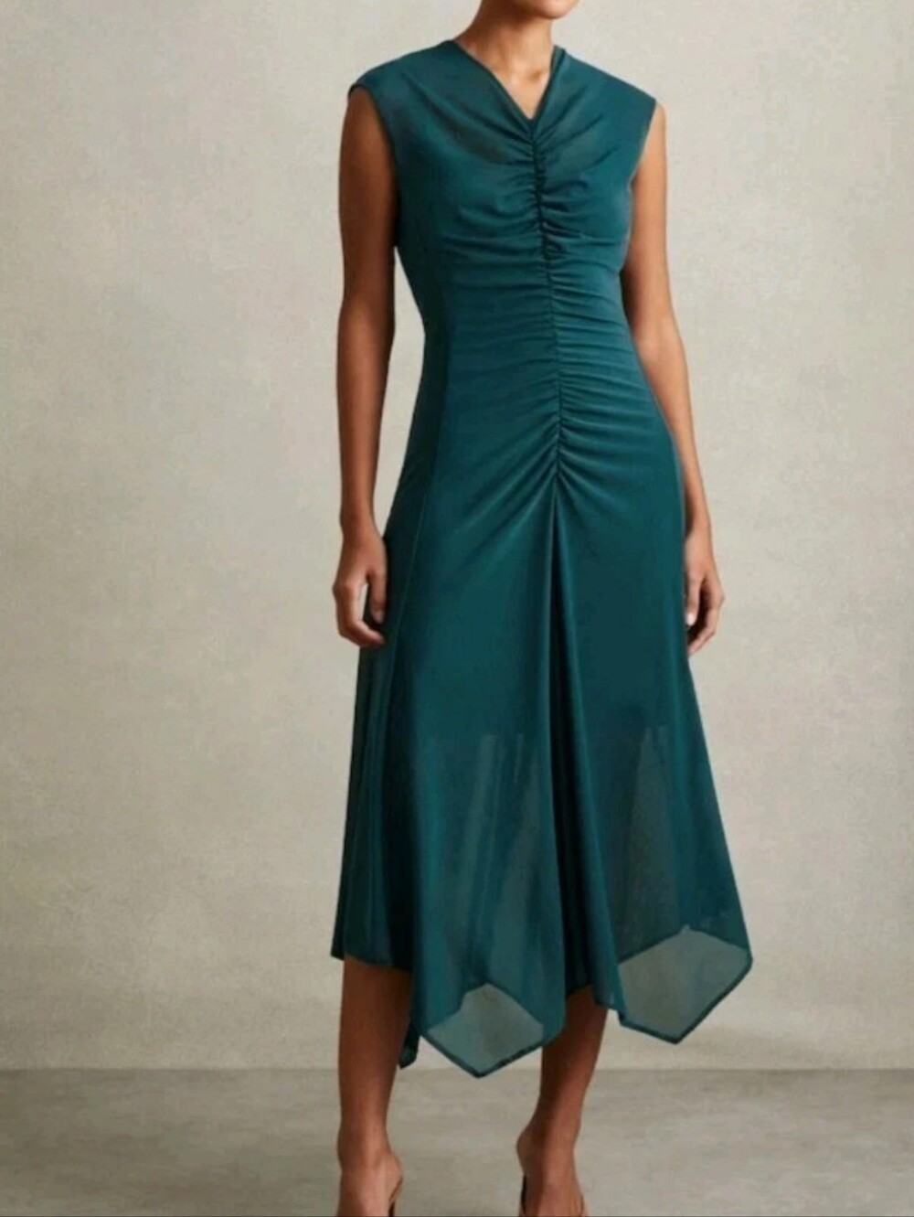 Reiss Dress Woman 14 Draped Sheer Mesh Ruched Teal Green Asymmetrical Hem Nwt
